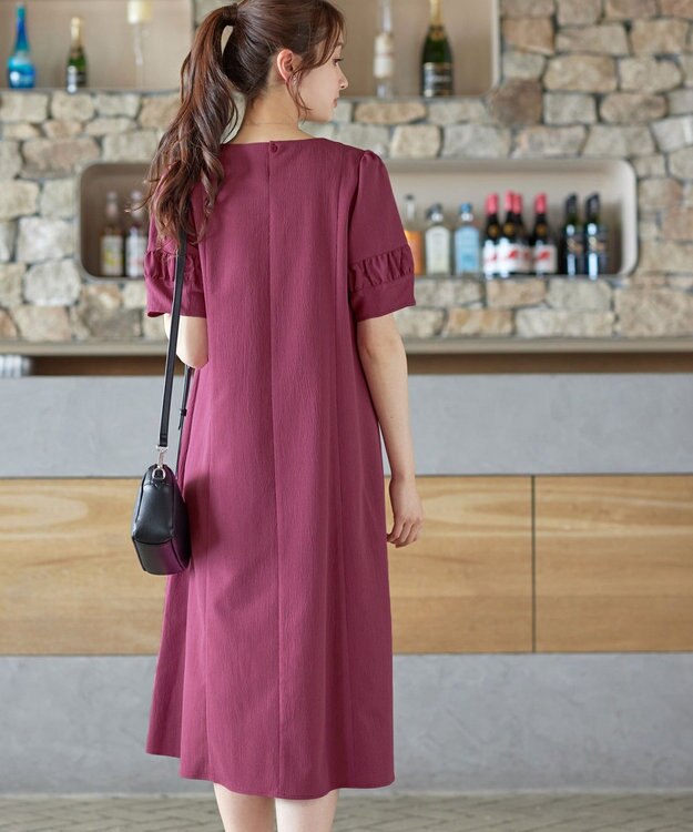 Tiaclasse 【選べる着丈・新色追加】ギャザーランタンスリーブワンピース ミモレ丈プラム