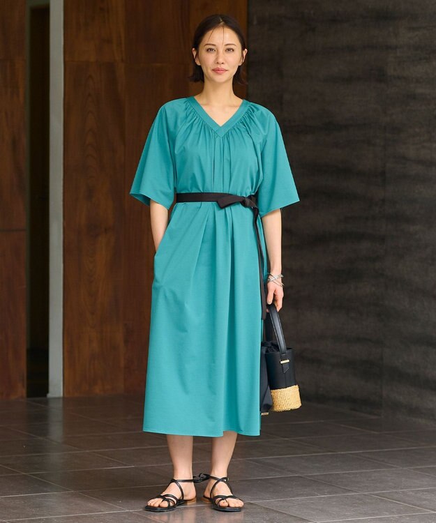 自由区 【WEB限定・洗える・XSサイズあり】ライトギャザーフレアスリーブ ワンピース ライトグリーン系