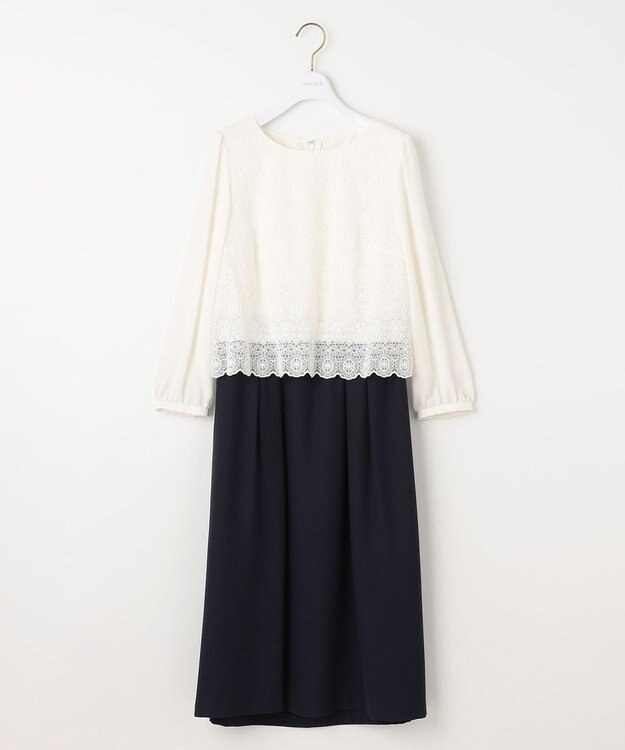 ANY SIS L 【洗える】レースコンビバックサテン ワンピース ネイビー