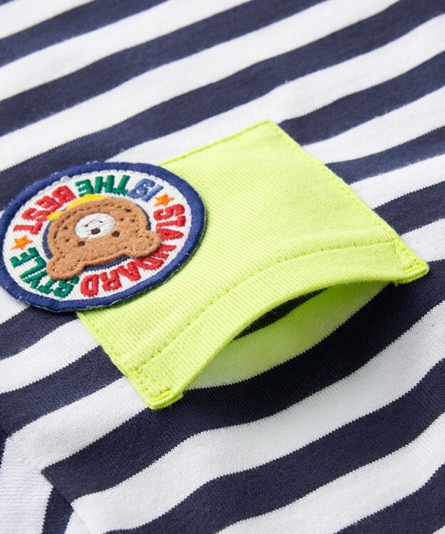 MIKI HOUSE HOT BISCUITS 【80-120cm】 ポケット付き 先染め ボーダー柄 半袖Tシャツ 紺