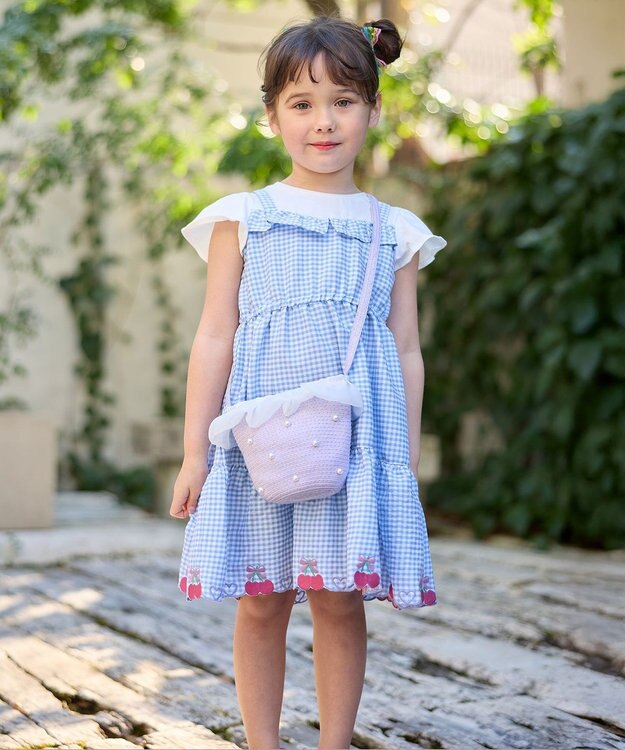 ANY KIDS ギンガム ドッキングワンピース サックスブルー系