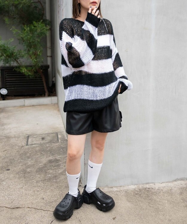 WEGO ボーダーモヘアタッチメッシュニットプルオーバー ホワイト