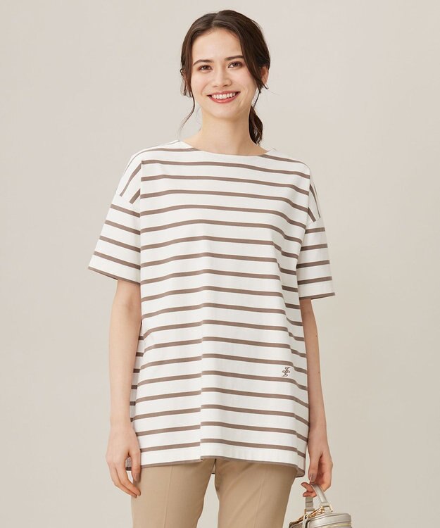 自由区 【洗える】ボーダーワイドBIG Tシャツ オフ×モカ