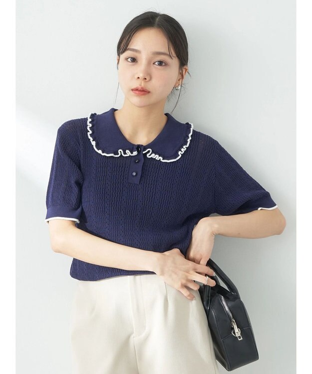 earth music&ecology フリルニットポロ Navy