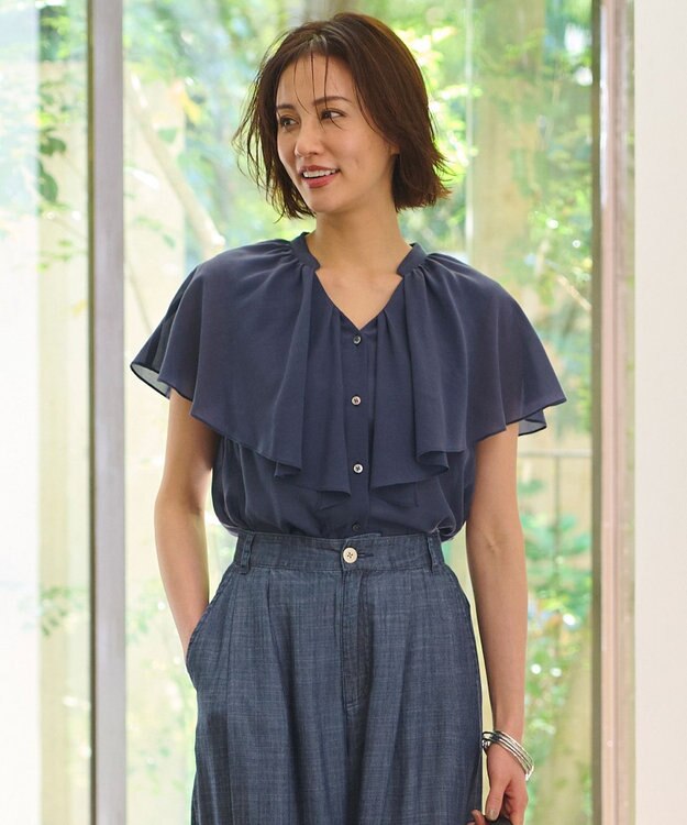 自由区 【洗える・XSサイズあり】キュプラコットンブロード ブラウス ネイビー系