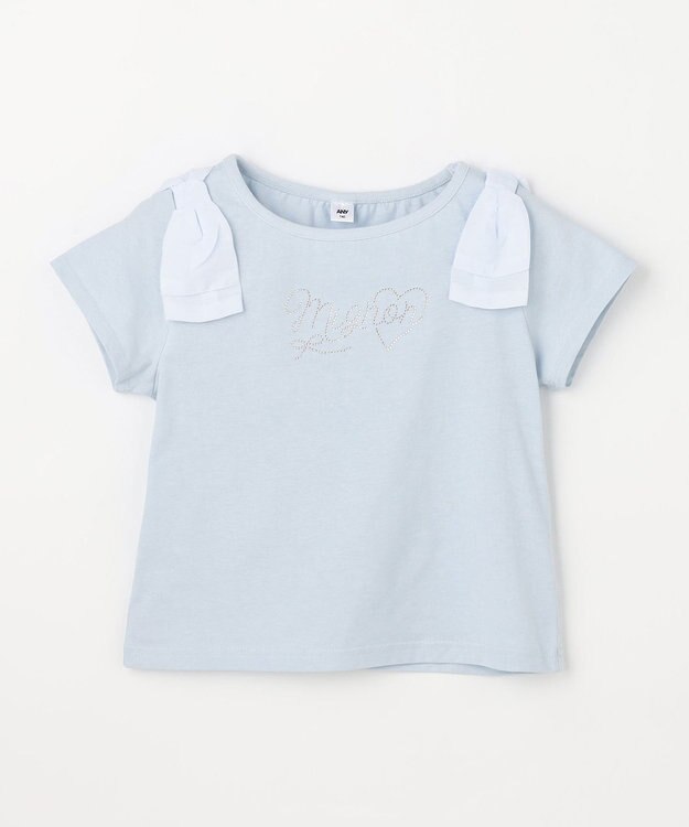 ANY KIDS 【綿100%】肩リボン×ラインストーンロゴ 半袖Tシャツ サックスブルー