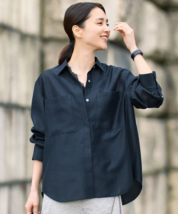 自由区 L 【カタログ掲載・羽織りとしても】シャイニーオーガンジーシアー シャツ ブラック