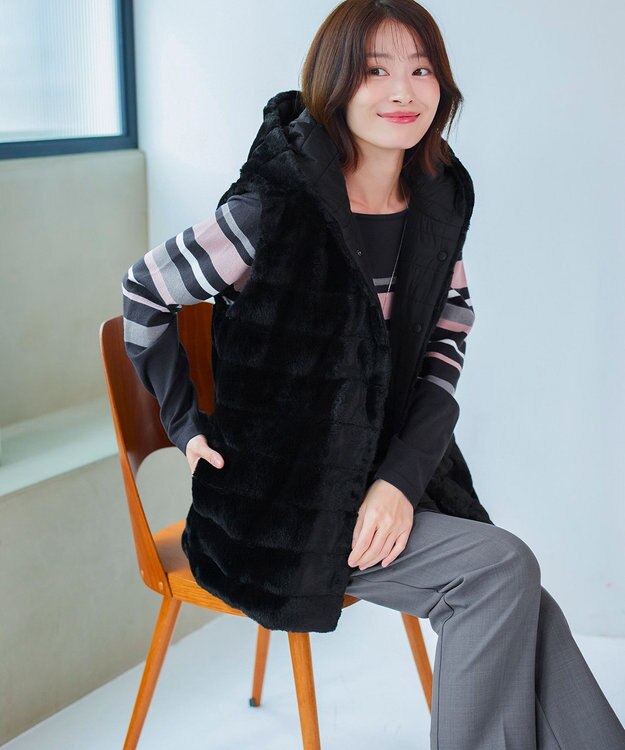 Tiaclasse 【2WAY】着回し自由のリバーシブルキルトフェイクファーベスト ブラック
