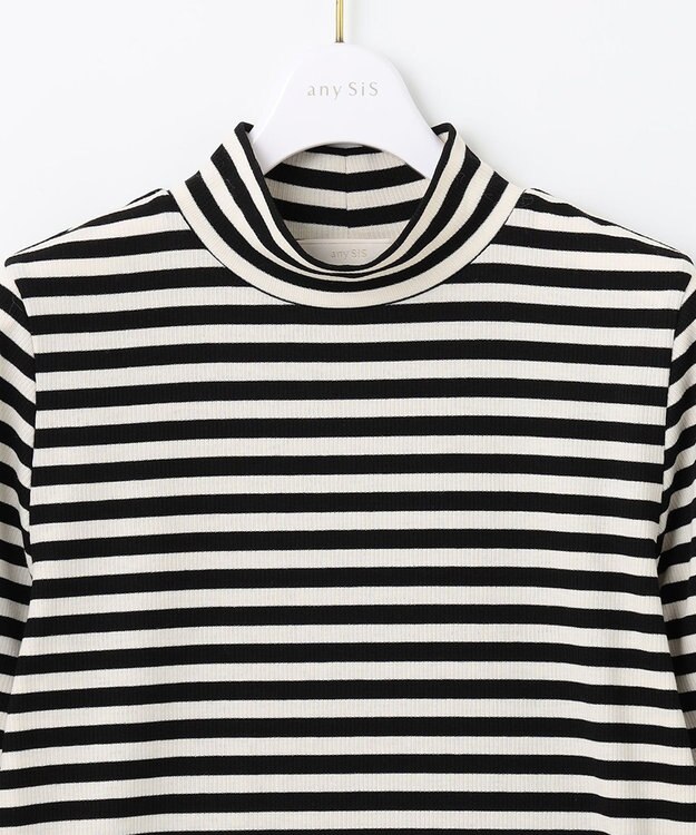 ANY SIS 【洗える】リブタートル カットソー アイボリー×ブラックボーダー