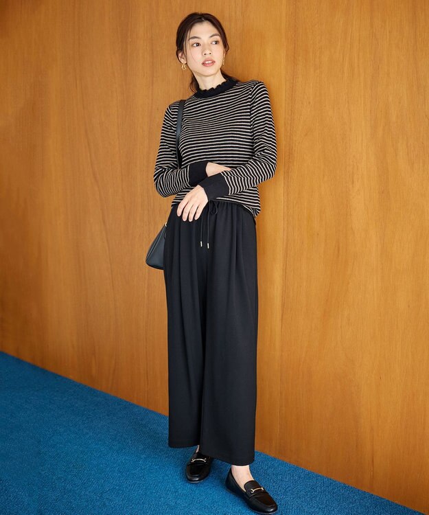 ANY 【洗濯機可能/ストレッチ/ウエストゴム】ウールライク2タックストレートパンツ ネイビー