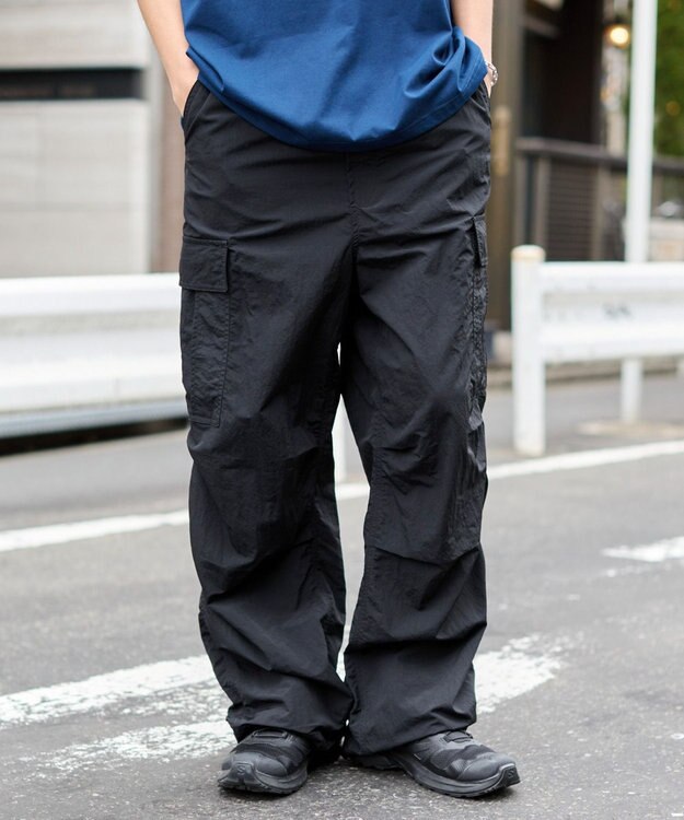 WEGO 【ウエストゴム/MLサイズ展開】ナイロンイージーカーゴパンツ ブラック
