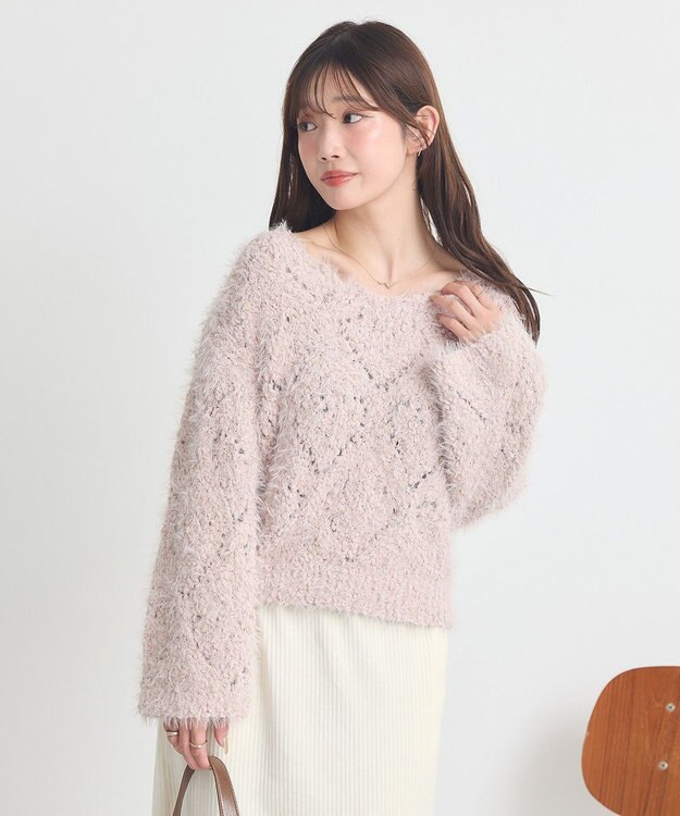 earth music&ecology シャギーミックス透かしハート柄ニットプルオーバ Grayish Pink