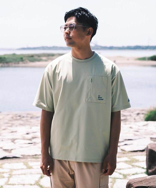 SHARE PARK MENS 【UVカット・吸水速乾・ストレッチ・軽量 】バックプリントポケットTシャツ（L・XLサイズ） 黄緑系