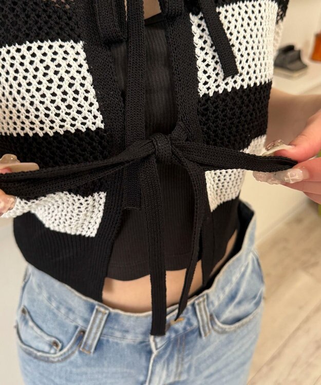 WEGO 襟付きリボンメッシュショートカーデ 柄1