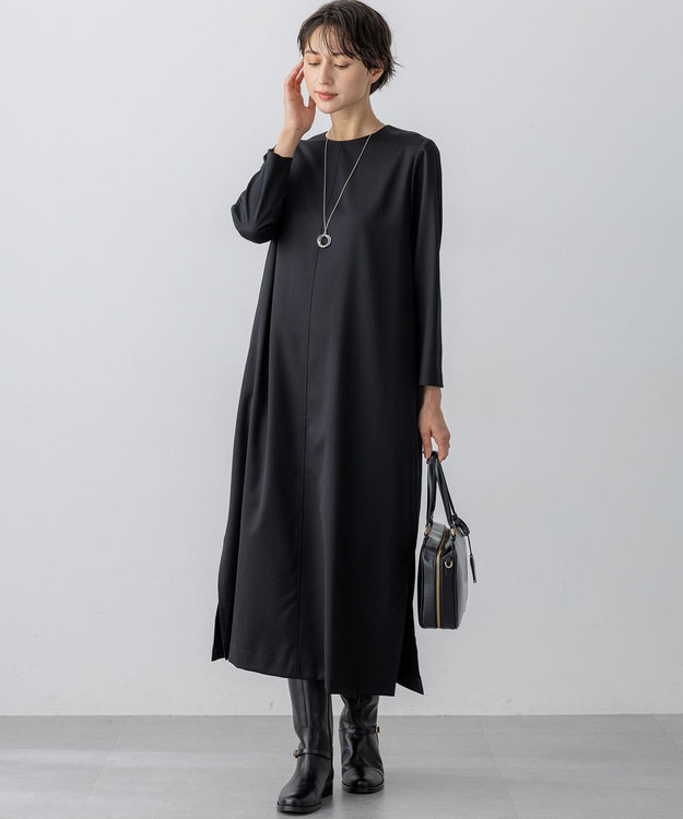 23区 L 【洗える】メリノウールサテン ワンピース ブラック系
