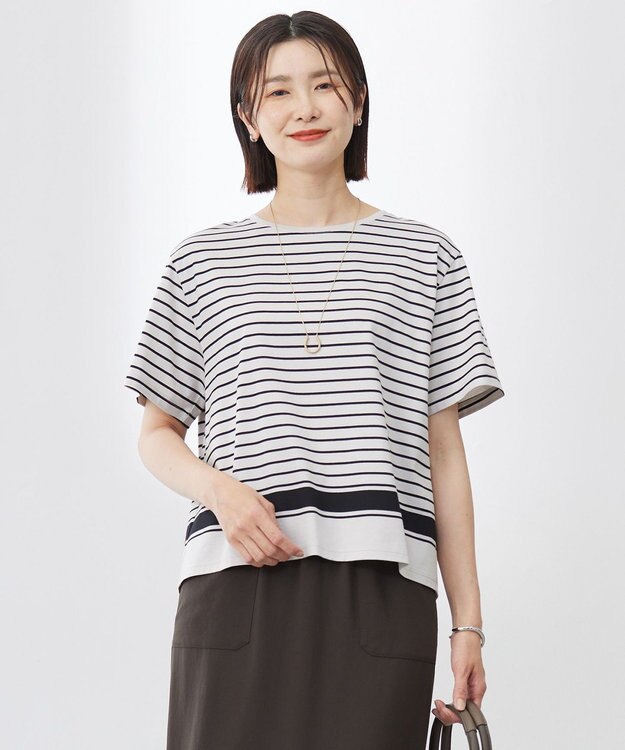 J.PRESS LADIES L 【洗える】パネルボーダー Tシャツ ベージュ×ブラック系