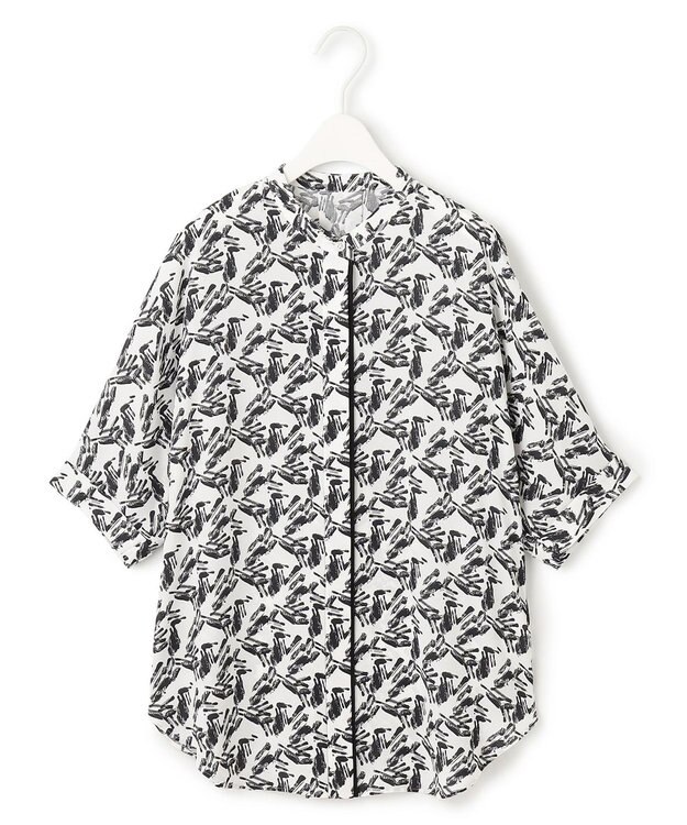 ICB L 【人気のため新色追加・接触冷感・UVケア・速乾・洗える】BackSatinAmunzen 5分袖バンドカラーブラウス オフホワイト×ブラック柄系