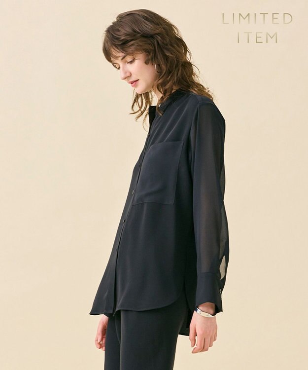 BEIGE， 【WEB限定・洗える】CELOSIA / シアースリーブスタンドカラーブラウス Black