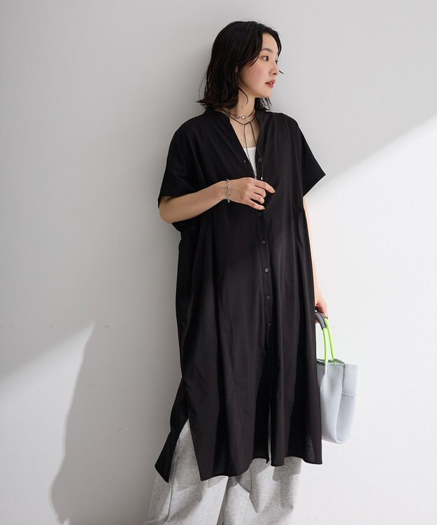 Green Parks 半袖シアースキッパーシャツワンピース Black