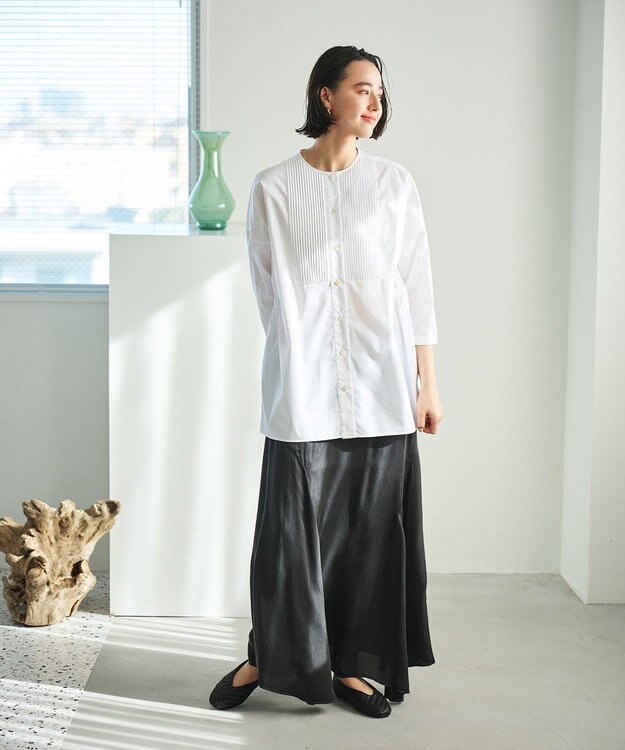 #Newans 【洗濯機可能/シワになりにくい】〈お腹・腰回りをカバー〉ピンタックデザインスクエアブラウス ホワイト