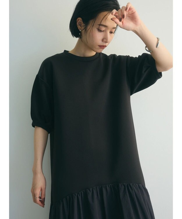 Green Parks ａ．異素材切り替えバルーンワンピース Black