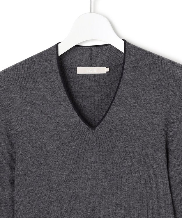 ICB 【新色追加】 エクストラファインメリノリブ Vネックプルオーバー ミディアムグレー系