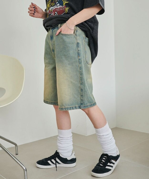 WEGO 【SMサイズ展開】ヴィンテージウォッシュデニムハーフパンツ デニム淡加工色