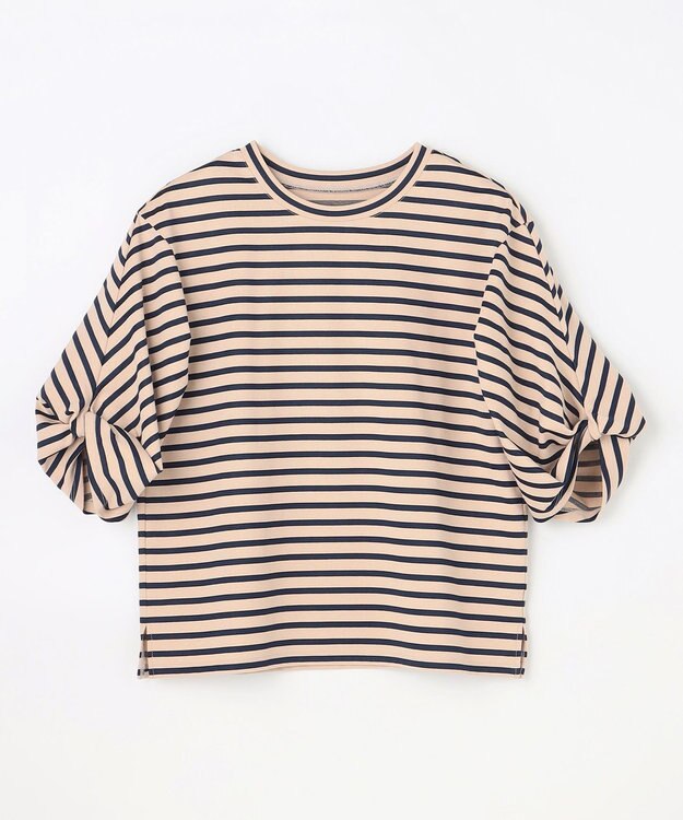 ANY L ツイストスリーブボーダートップス ベージュ×ネイビー