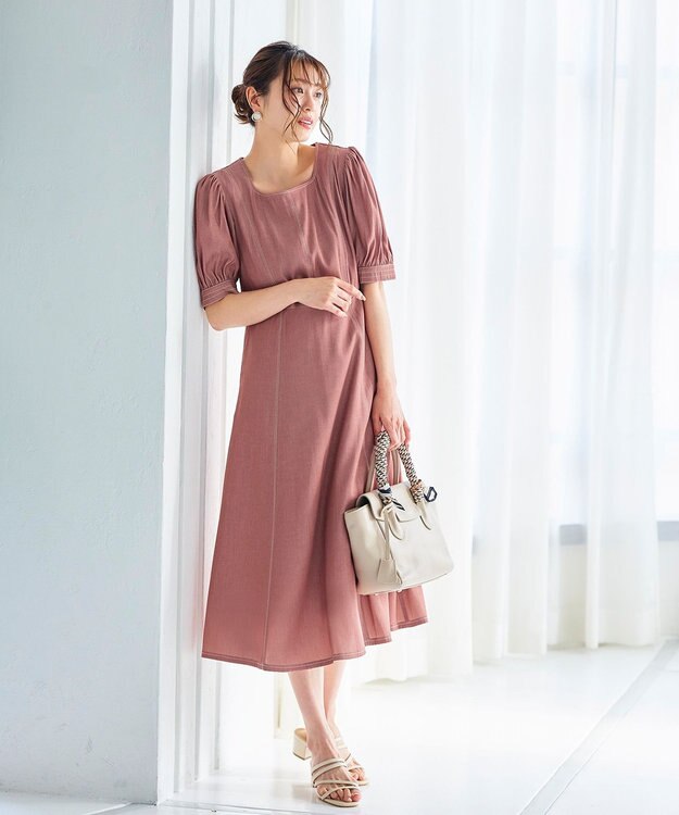 Tiaclasse 【洗える】パフスリーブ配色ステッチワンピース ピンク