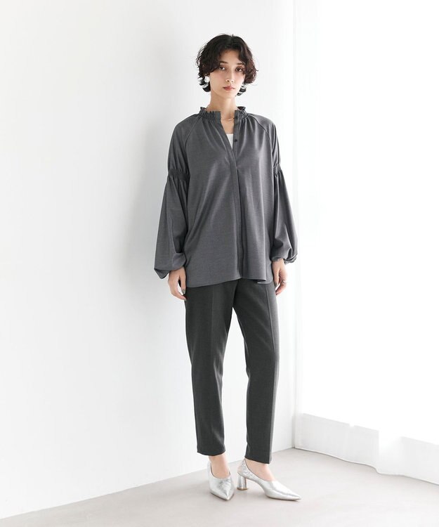 #Newans 【洗濯機可/しわになりにくい】シャーリングネック ボリュームスリーブブラウス チャコール