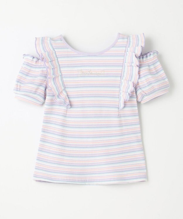 ANY KIDS オン・オフショルダー ボーダー Tシャツ ラベンダー系