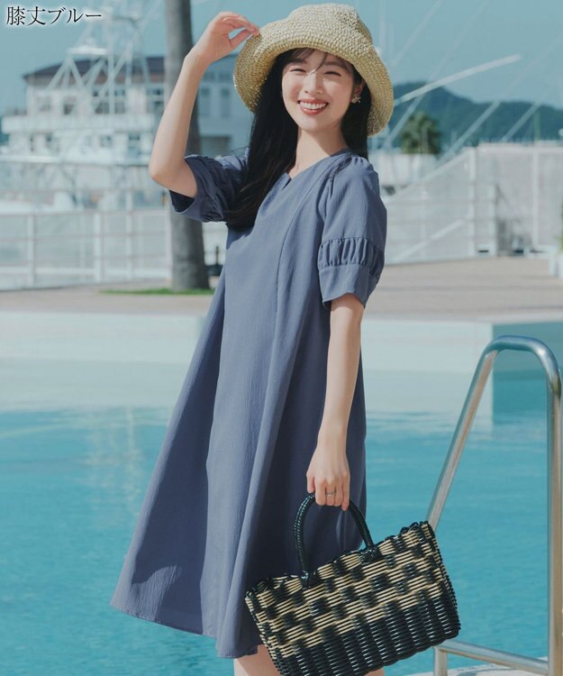 Tiaclasse 【選べる着丈・新色追加】ギャザーランタンスリーブワンピース 膝丈ブルー