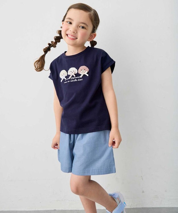 ANY KIDS 【綿100%】ひんやり フレンチスリーブ サガラ刺繡Tシャツ ネイビー×イヌ