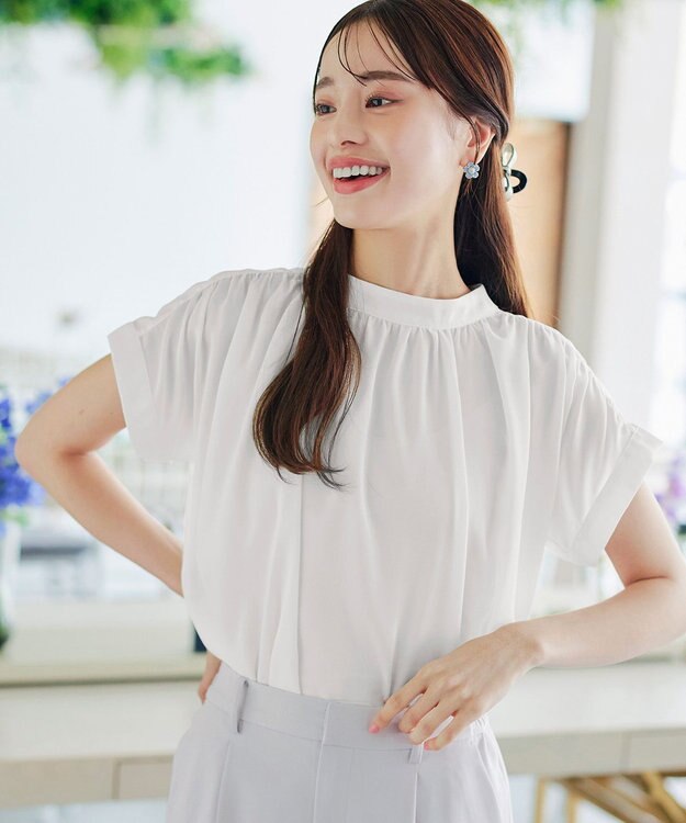 Tiaclasse 【洗える】モックネックフレンチスリーブカットソーブラウス オフホワイト