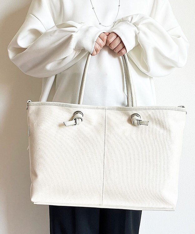 Hekhèr Le Style de Vie 【日本製 / A4サイズ対応/2WAY】コットンキャンバス×シュリンクレザー ノットトートバッグ large ホワイト