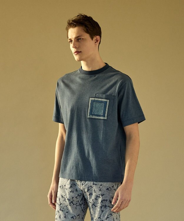 JOSEPH ABBOUD MOUNTAIN 【SPACE】OG綿スクエアドットプリント ポケTシャツ ネイビー系