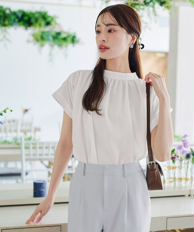 Tiaclasse 【洗える】モックネックフレンチスリーブカットソーブラウス オフホワイト