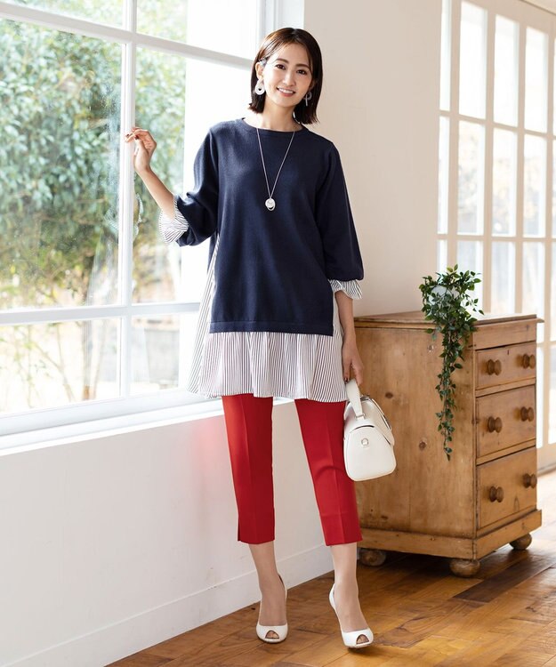 Tiaclasse 【洗える】美脚効果の高いスリットテーパードパンツ レッド