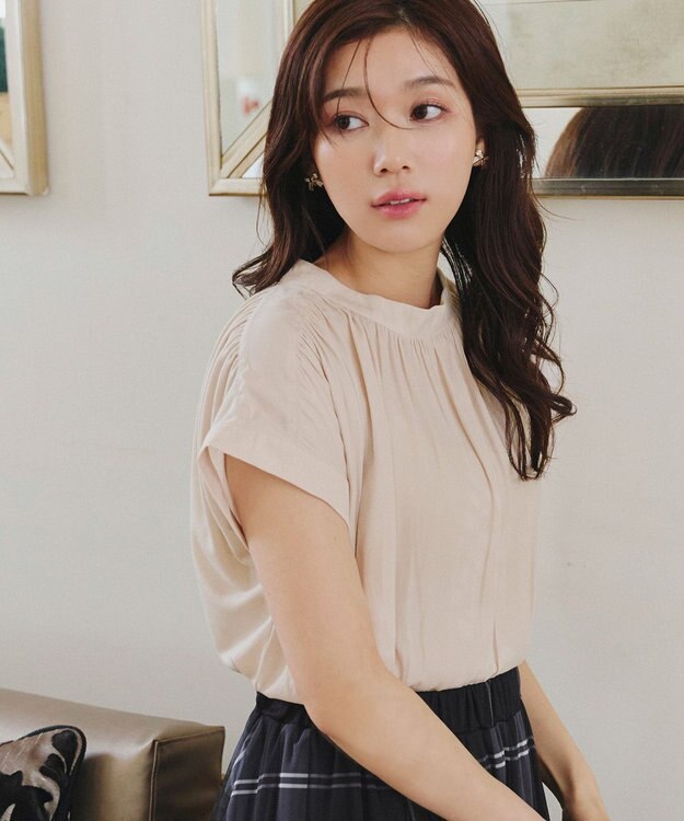 Tiaclasse 【洗える】モックネックフレンチスリーブカットソーブラウス グレージュ