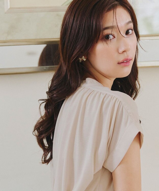 Tiaclasse 【洗える】モックネックフレンチスリーブカットソーブラウス グレージュ