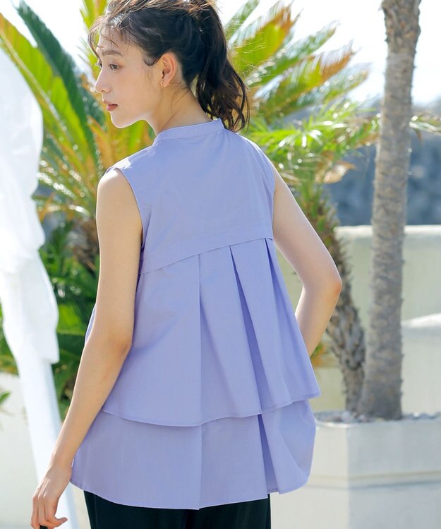 Tiaclasse 【洗える】ノースリーブ後ろタックティアードブラウス ライトブルー