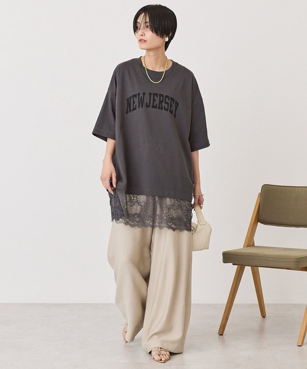 AMERICAN HOLIC カレッジロゴレースドッキングＴシャツ Charcoal Gray