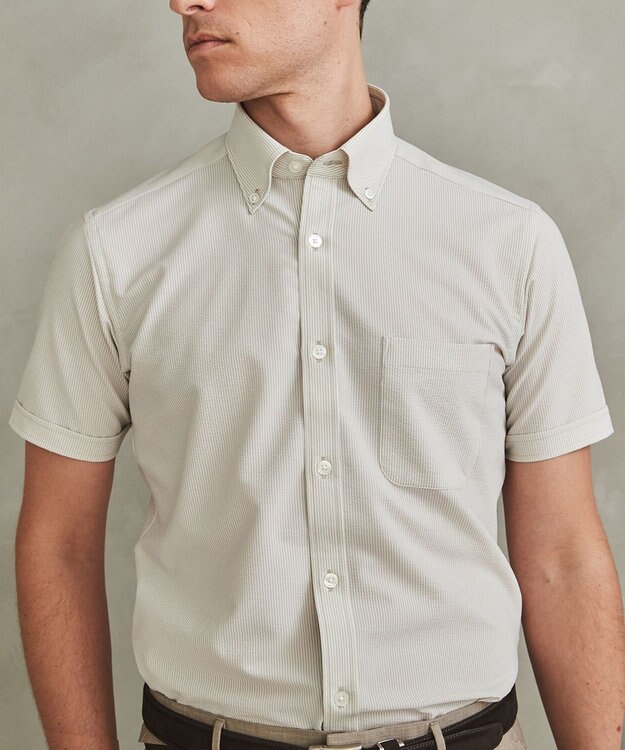 GOTAIRIKU とにかく涼しい/酷暑対応【シワになりにくい/吸水速乾】クールマックスサッカーシャツ 新色/ベージュ×白