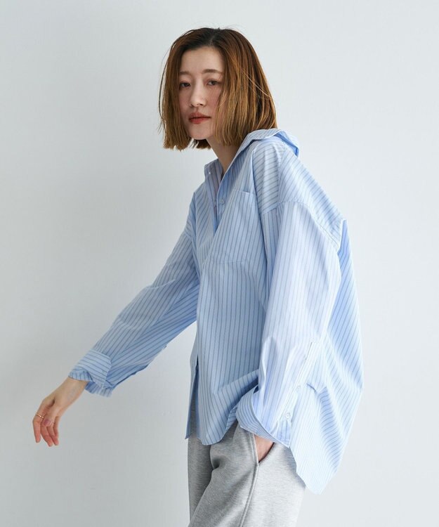 YECCA VECCA イージーケアオーバーシャツ Stripe Blue