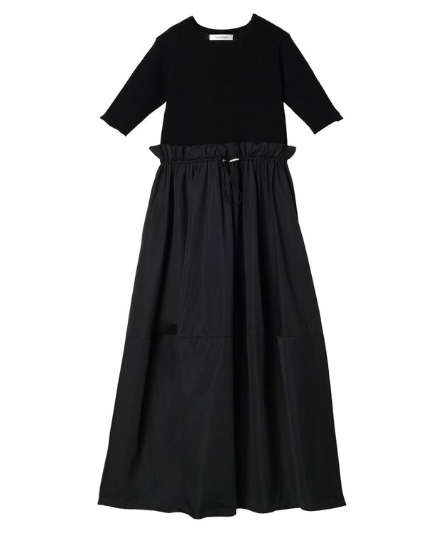 Green Parks ランタン型ニットドッキングタフタワンピース Black