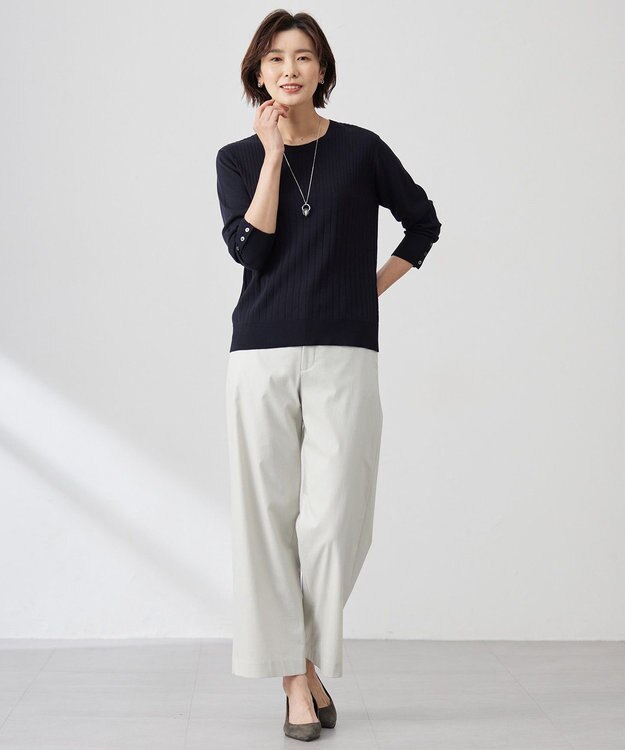 J.PRESS LADIES L 【洗える】Cotton Acetate ストライプ ニット プルオーバー ネイビー系