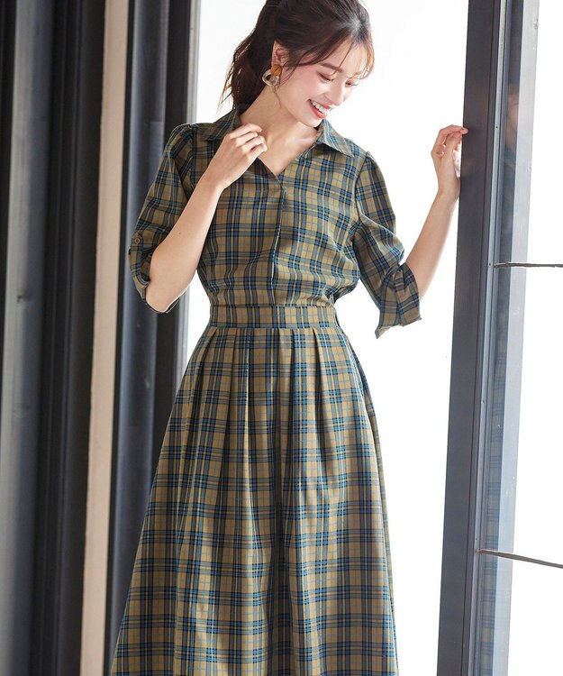Tiaclasse L 【洗える】小顔効果も期待できるスキッパーシャツワンピース カーキチェック