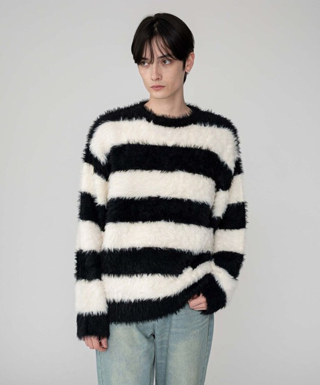 WEGO 【2025秋冬新作/ユニセックス着用ITEM/MLサイズ展開】フェザーニットプルオーバー ホワイトボーダー