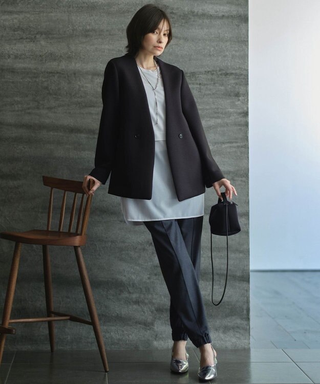 ICB L 【洗える】コンパクトWフェイス ノーカラージャケット ブラック系