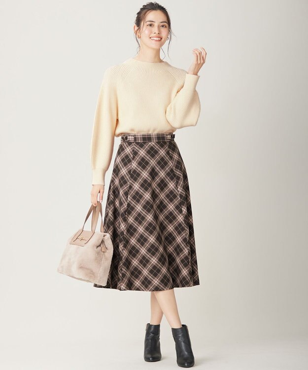 ANY SIS 【洗える】ベルトポイントフレア スカート ブラウン系チェック